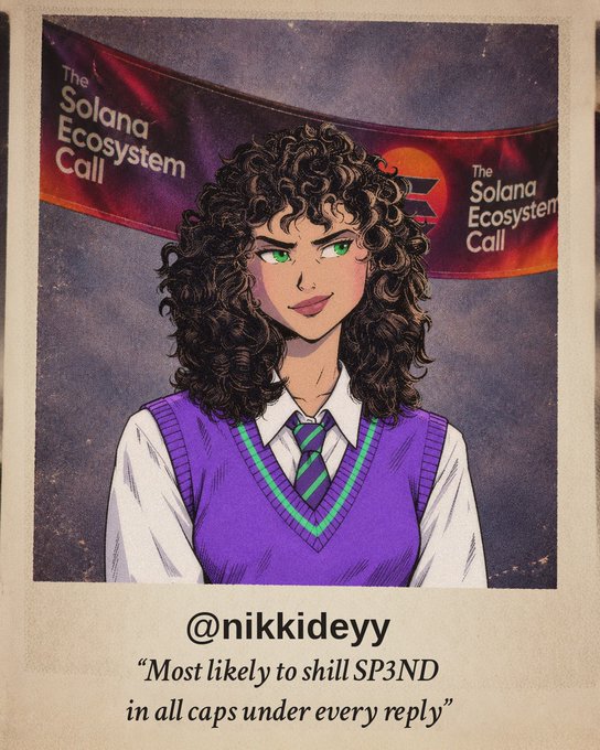 A Polaroid-style artwork of a curly-haired anime character with green eyes wearing a purple sweater vest and green-striped tie, with banners reading 'The Solana Ecosystem Call' in the background and text below stating '@nikkideyy' and 'Most likely to shill SP3ND in all caps under every reply'.