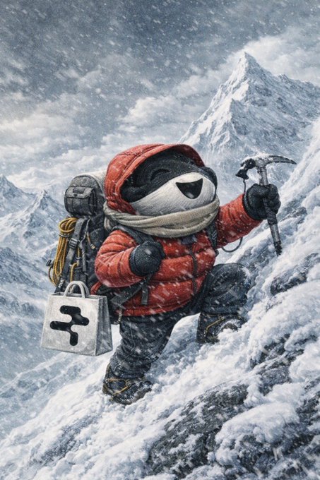 An illustration depicts a panda dressed as a mountaineer in a red jacket, climbing a snowy mountain while holding an ice axe.