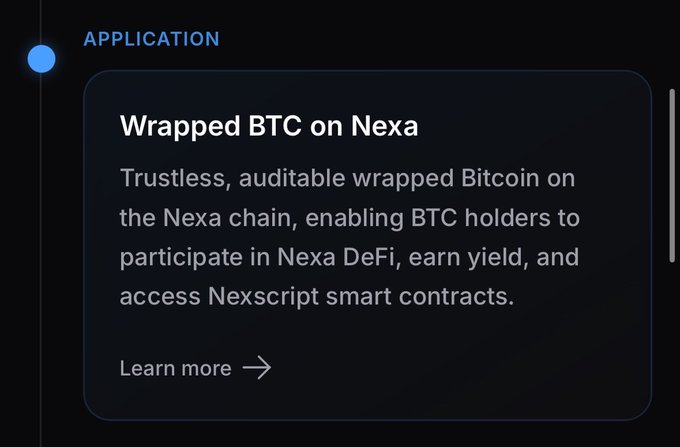 An application card describing 'Wrapped BTC on Nexa' — a trustless, auditable wrapped Bitcoin on the Nexa chain for participating in Nexa DeFi.