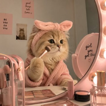 An AI-generated image features a fluffy cat wearing a pink bathrobe and a bunny-ear headband, applying makeup in front of a pink vanity mirror with various pink-themed items and notes on the wall.