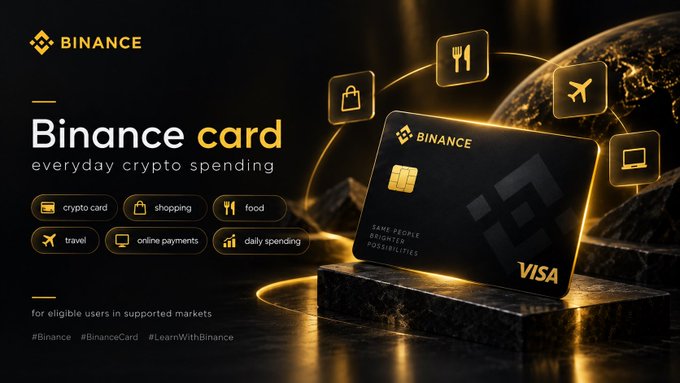 A promotional banner for Binance Card, a Visa-branded crypto debit card, features a sleek black design with golden accents and icons representing shopping, food, travel, online payments, and daily spending, with the tagline "everyday crypto spending." The image visually supports the post's message about using crypto for real-world purchases rather than just holding or trading, highlighting categories such as crypto card, shopping, food, travel, online payments, and daily spending for eligible users in supported markets.