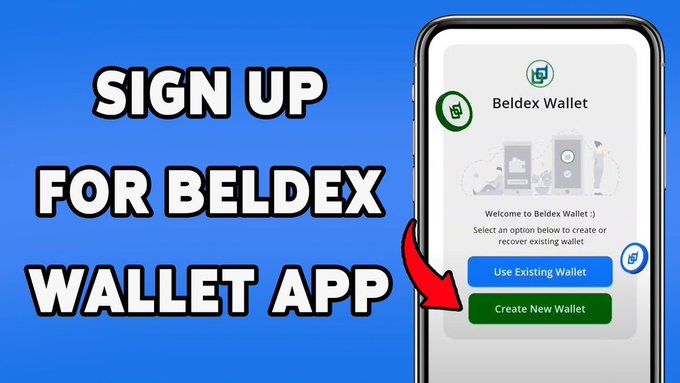 A promotional graphic with text 'SIGN UP FOR BELDEX WALLET APP' features a smartphone displaying the Beldex Wallet app welcome screen with 'Use Existing Wallet' and 'Create New Wallet' buttons, highlighted by a red arrow.