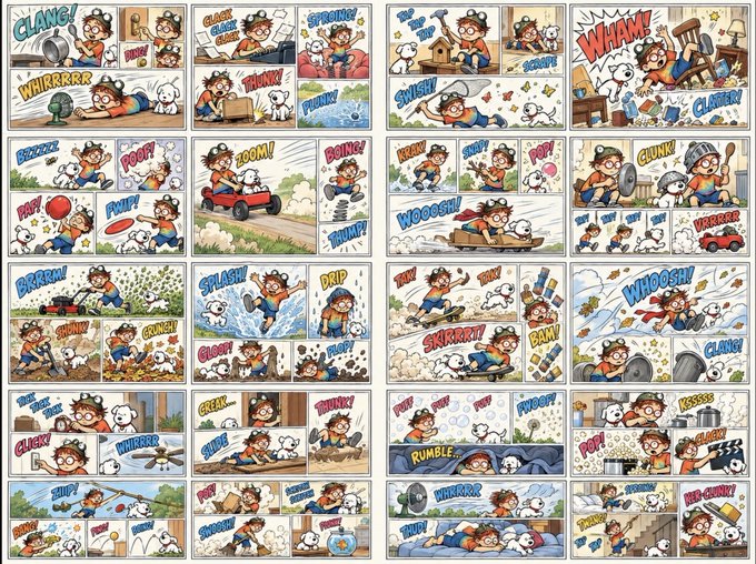 A colorful comic strip page featuring a young girl and a small white dog engaging in various playful activities with sound effects like 'CLANG!', 'WHIRRRRR', and 'WHAM!'.