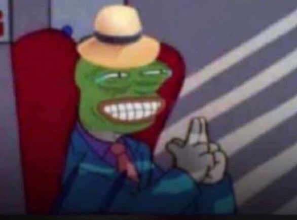 An animated character, a green-skinned man in a blue suit and straw hat, sits in a chair with a sly expression and clasped hands.