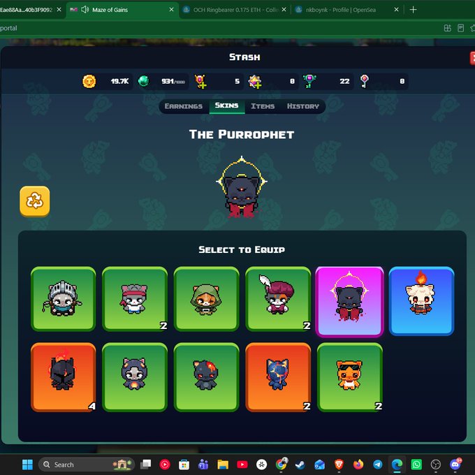 The image shows a "Stash" inventory screen from a game where a Mythic "The Purrophet" skin was selected to equip, along with a collection of other character skins. This relates to the post announcing the user just unlocked the Mythic Purrophet skin from a Dragma Skin Box at a rare 0.25% drop rate.