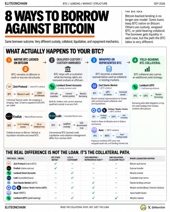An ELITEONCHAIN infographic titled '8 WAYS TO BORROW AGAINST BITCOIN,' outlining protocols like Zest, Lombard, Firefish, and Ledn with a comparison table.