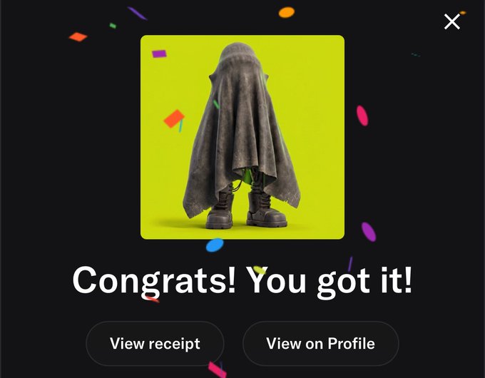 A celebratory "Congrats! You got it!" NFT minting confirmation popup showing a hooded figure in boots against a bright green background, with confetti and buttons to "View receipt" and "View on Profile," celebrating the user's successful mint of their RobinWifHat NFT.