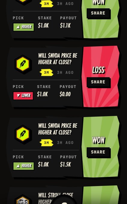 A screenshot of a stock or crypto prediction app showing betting history, with entries for 'WILL $NVDA PRICE BE HIGHER AT CLOSE?' showing wins and losses with stakes of $1.0K.