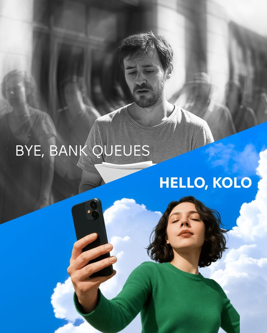 A promotional split-image advertisement with a grayscale top half showing a frustrated man holding papers in a bank queue with text 'BYE, BANK QUEUES', and a colorful bottom half showing a woman taking a selfie against a blue sky with text 'HELLO, KOLO'.