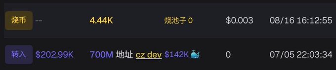 Crypto transaction history screenshot showing a burn ('烧币') of 4.44K tokens valued at $0.003 on 08/16, and a transfer ('转入') of $202.99K worth 700M tokens to address cz dev on 07/05.