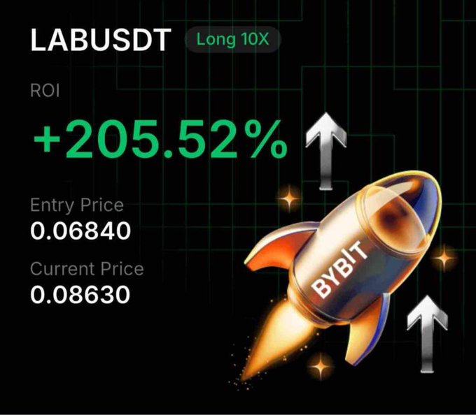 A trading screenshot showing LABUSDT Long 10X position with +205.52% ROI, entry price 0.06840 and current price 0.08630, featuring a rocket graphic with 'BYBIT' branding.