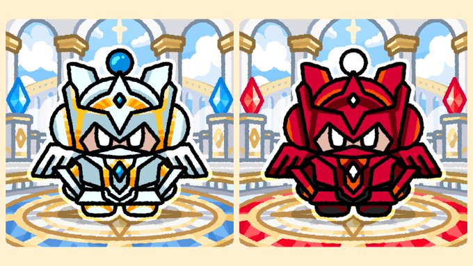 Two chibi-style cartoon knight characters side by side - one in blue and gold armor and one in red and gold armor - standing in a cathedral-like setting with stained glass.