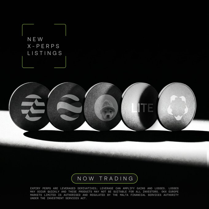 Promotional graphic for OKX announcing 'NEW X-PERPS LISTINGS' with five metallic coins displayed, including symbols for LITE, alongside a 'NOW TRADING' call-to-action and regulatory disclaimer.