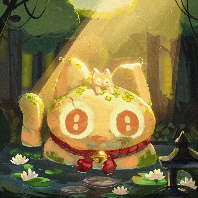 A whimsical illustration of a round, mossy creature with large red eyes and a bell collar, sitting in a forest pond while a small cat naps on its head.