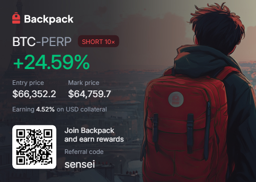 An advertisement for 'Backpack' crypto exchange showing a BTC-PERP SHORT trade with +24.59% return, featuring a character with a red backpack and a referral code 'sensei'.