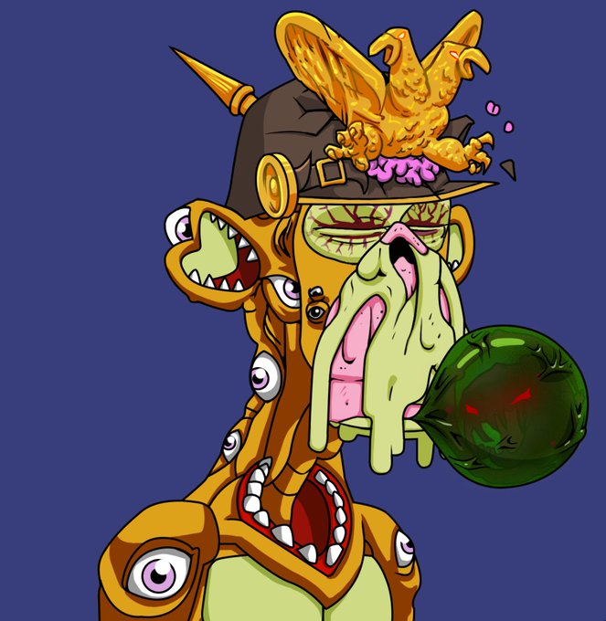 A grotesque cartoon character with multiple eyes, mouths, and an eagle on a spiked helmet, holding a green orb.