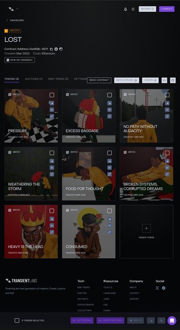 A dark-themed NFT dashboard displays a collection titled 'LOST' by TRANSIENT LABS, featuring various tokenized artworks like 'PRESSURE', 'EXCESS BAGGAGE', and 'BROKEN SYSTEMS'.