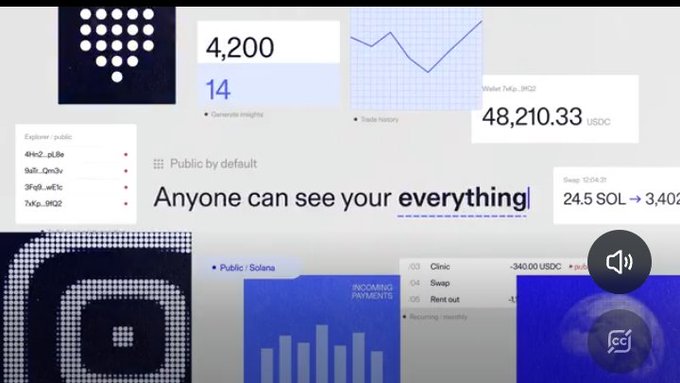 A collage-style graphic featuring the text 'Anyone can see your everything' alongside wallet addresses, transaction amounts (4,200, 48,210.33 USDC, 24.5 SOL → 3,402), and various UI elements.