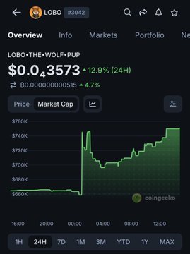 A CoinGecko mobile app screenshot showing the LOBO token (LOBO+THE+WOLF+PUP) with a price of $0.03573, up 12.9% in 24 hours, and a market cap of approximately $760K, displaying a price chart.