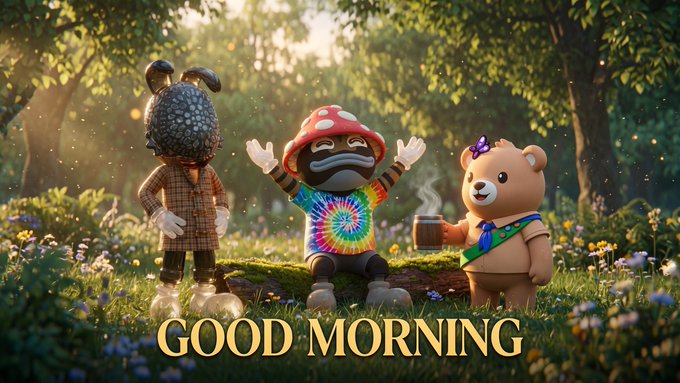 A 3D-rendered image of three mascot characters—one in a mushroom hat, a knight-like figure, and a bear—sitting together in a sunny forest with the text 'GOOD MORNING' displayed below.