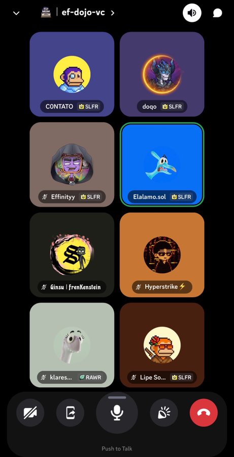 A Discord voice channel interface titled 'ef-dojo-vc' shows eight users with custom profile pictures, with the 'Elalamo.sol' user currently highlighted in blue.