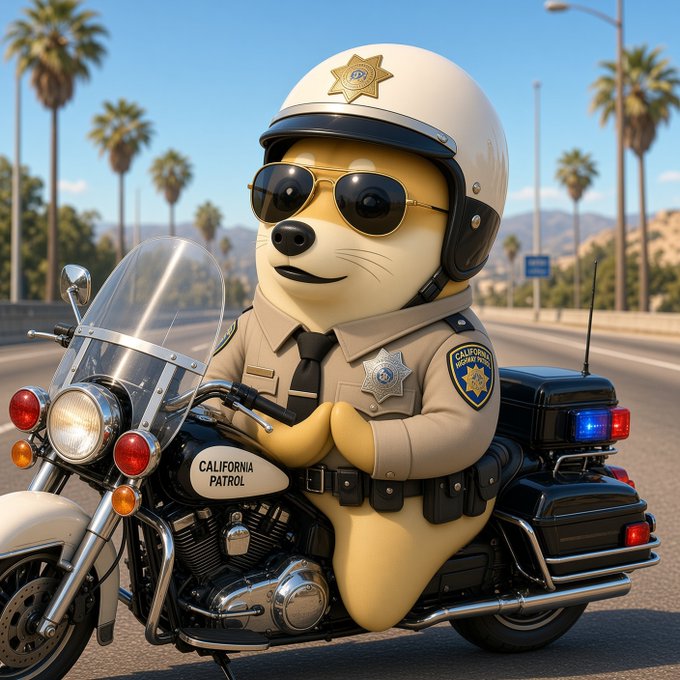 A 3D-rendered cartoon scene of an anthropomorphic dog dressed as a California Highway Patrol officer, complete with sunglasses, a badge, and a police motorcycle.