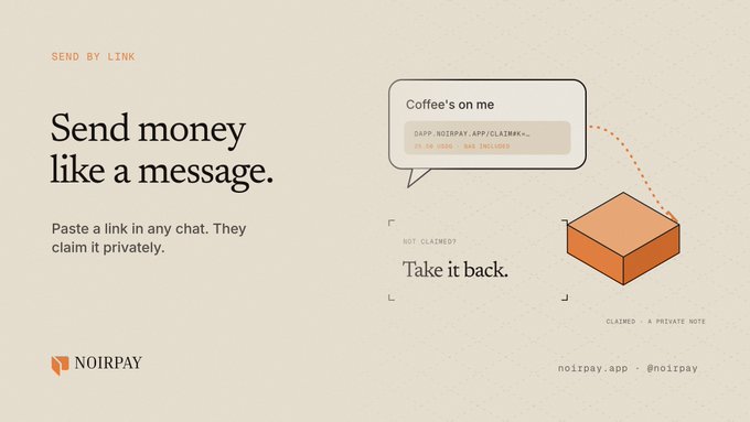 A marketing graphic for NOIRPAY featuring the tagline 'Send money like a message' with a chat bubble reading 'Coffee's on me' and an illustration of an orange box labeled 'NOT CLAIMED - Take it back.'