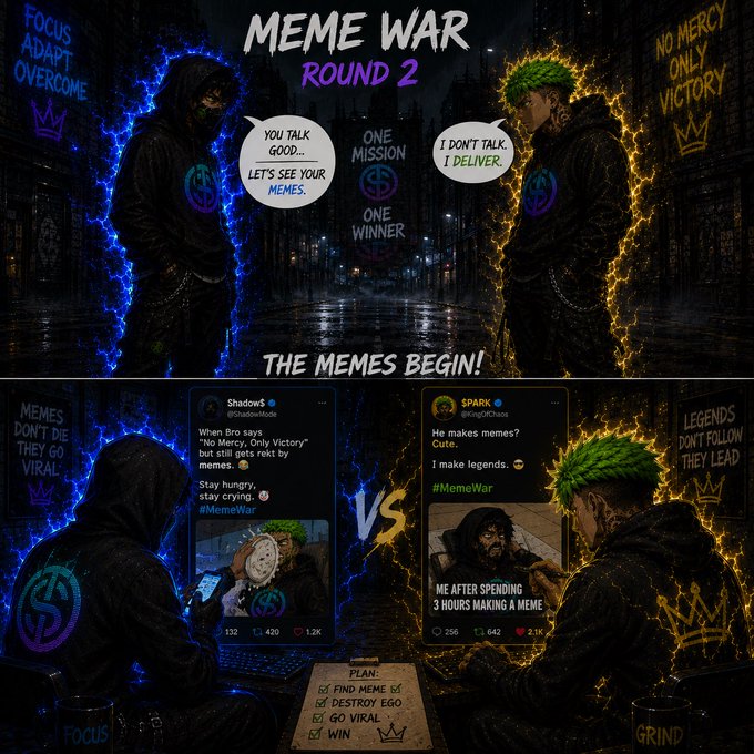 A 'MEME WAR ROUND 2' graphic features two hooded figures, Shadow and Spark, with text including 'FOCUS ADAPT OVERCOME,' 'NO MERCY ONLY VICTORY,' 'ONE MISSION ONE WINNER,' and 'THE MEMES BEGIN!', alongside social media posts about the competition.