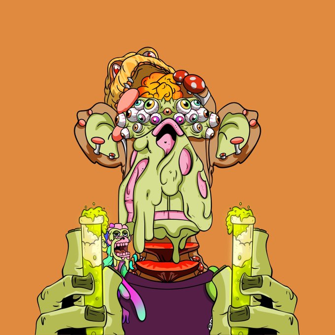 A vibrant, grotesque cartoon illustration of a melting green zombie-like character covered in slime, mushrooms, and multiple eyes, set against an orange background.