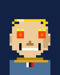 A pixel art character with glowing orange eyes and yellow hair, shown from the chest up against a dark blue background, reflects the "Collecting winners wallet…" caption by evoking a victorious, prize-collecting vibe through its triumphant expression and stylized retro aesthetic.