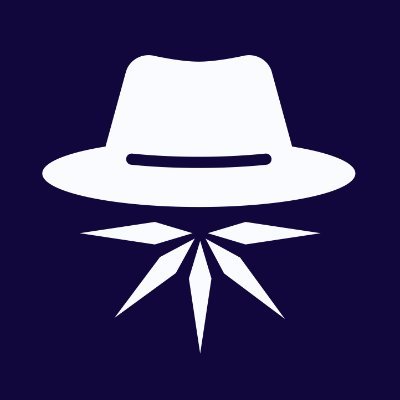 A white logo on a dark blue background depicting a fedora hat with a band above a stylized beard and mustache.