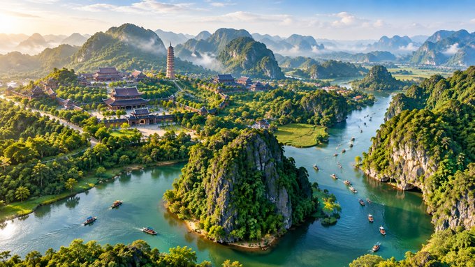 An aerial view of a stunning landscape featuring a traditional Asian pagoda complex on lush green hills, surrounded by karst mountains, rivers, and small boats.