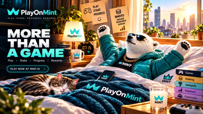 An advertisement for PlayOnMint featuring a polar bear wearing sunglasses and a teal jacket lounging in bed with a cat, with text 'MORE THAN A GAME' and 'PLAY NOW AT MINT.IO' alongside gaming features like Staking, Jackpots, and Community.