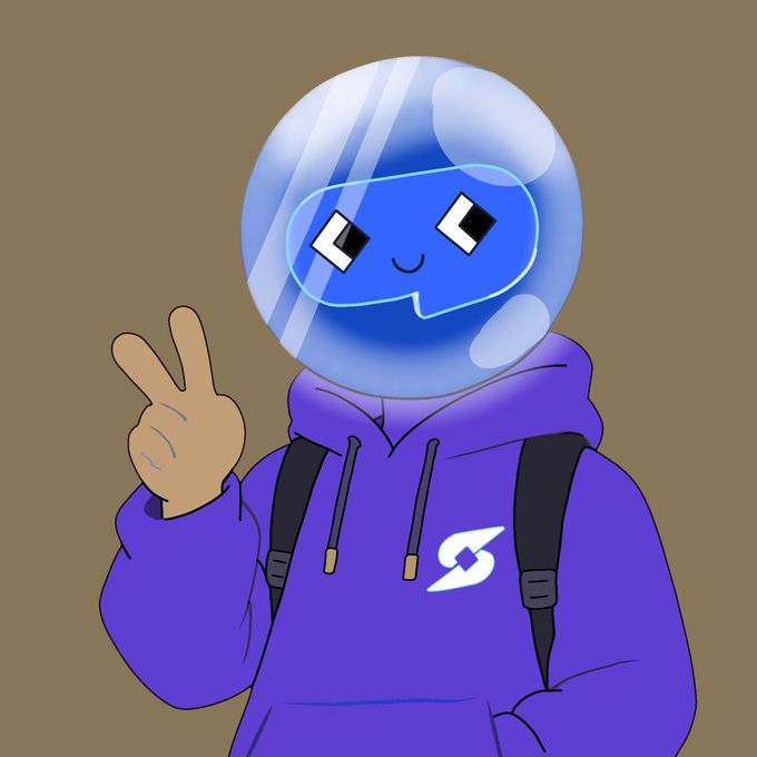 A cartoon illustration of a character with a blue speech bubble head wearing a purple hoodie with a logo, making a peace sign.