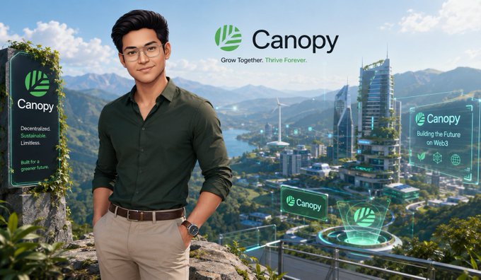 Promotional graphic for 'Canopy' (Grow Together. Thrive Forever.) featuring a young man beside a futuristic eco-city landscape, highlighting 'Decentralized Sustainable Limitless' and 'Building the Future on Web3'.