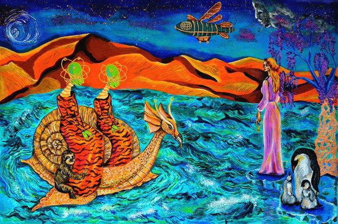 A surreal, vibrantly colored painting portrays a fantastical scene with a large snail-like creature featuring glowing atom symbols, a monkey riding a seahorse-like animal, a floating ship, a woman in a pink dress, and penguins against a backdrop of red mountains and a starry blue sky.