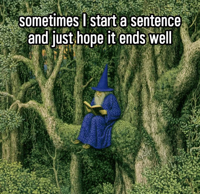A meme featuring a wizard in blue robes reading a book while sitting on a mossy tree branch, with text reading "sometimes I start a sentence and just hope it ends well".