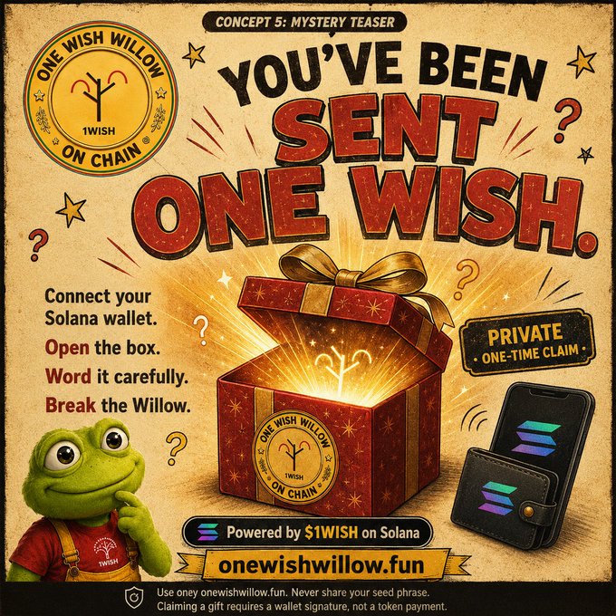 A promotional 'Mystery Teaser' for 'One Wish Willow' (1WISH on Chain) advertising a Solana-based crypto gift box campaign at onewishwillow.fun, featuring instructions to 'Connect your Solana wallet, Open the box, Word it carefully, Break the Willow.'