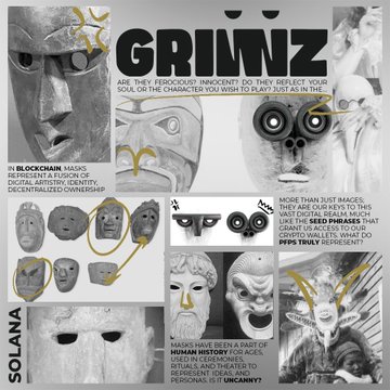 A magazine spread or poster titled 'GRIMZ' featuring blockchain masks from the Solana blockchain, exploring concepts of digital identity, crypto-generated weirdness, and NFT characters.