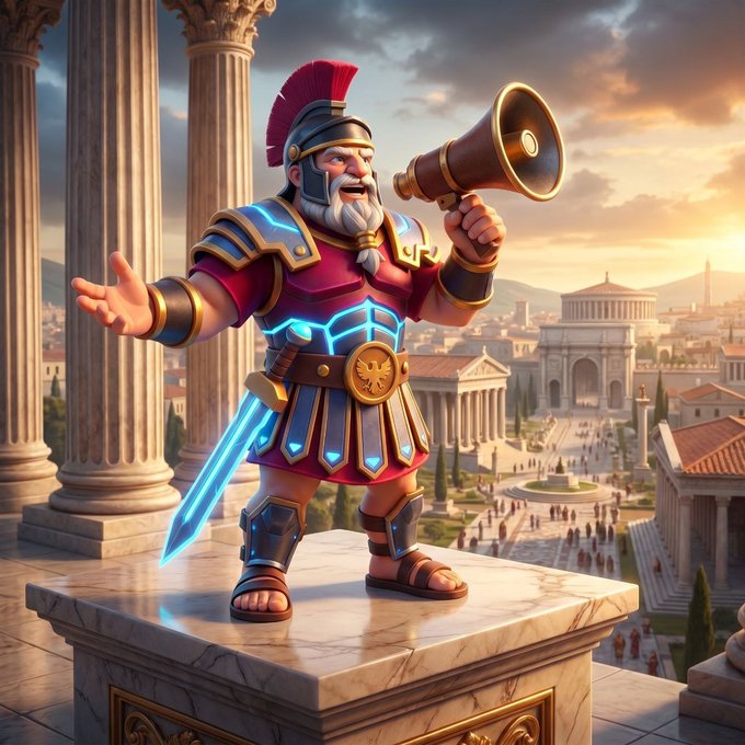 A cartoon Roman warrior stands triumphantly on a marble pedestal, blowing into a golden megaphone as if announcing his arrival, with a glowing blue sword and an ancient cityscape behind him—visually symbolizing the bold, attention-grabbing announcement of Cladio Games' innovative Audio NFT project on BNB Chain.