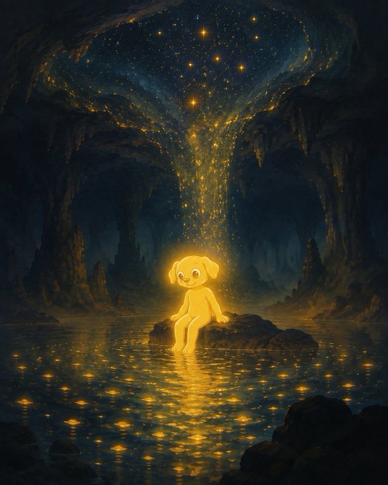 A glowing yellow puppy-like figure sits on a rock in a dark cavern as golden starlight streams down from a celestial opening above, reflecting in the water below.