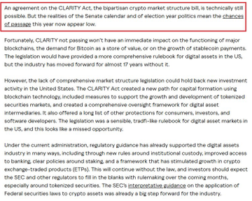 An article excerpt highlights that the CLARITY Act's passage chances are slim this year due to a crowded Senate calendar and election-year politics, despite its technically favorable bipartisan crypto market structure bill status. It notes the act would establish federal clarity for digital assets and create an SEC/CFTC framework, though comprehensive legislation may not materialize soon.