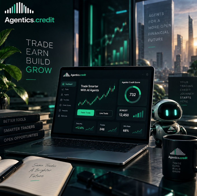 A promotional image for 'Agentics.credit' displays a laptop showing a trading dashboard with an Agentic Credit Score of 732, alongside the tagline 'Trade Earn Build Grow' and a small robot figure.