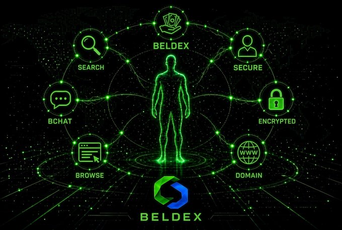 The image showcases the Beldex (BELDEX) privacy ecosystem, featuring a glowing human figure at the center surrounded by icons representing its core services: Search, Secure, Encrypted, Domain, Browse, and BChat, all rendered in green digital graphics against a dark background. This visual reinforces the post's message by illustrating how Beldex provides an integrated suite of privacy-focused products—from messaging and browsing to identity and connectivity—rather than a single tool.