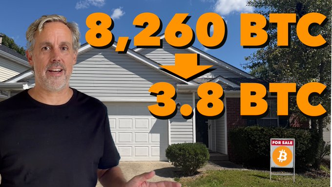 A man stands in front of a house with a 'FOR SALE' Bitcoin sign, with large overlaid text reading '8,260 BTC ➔ 3.8 BTC'.