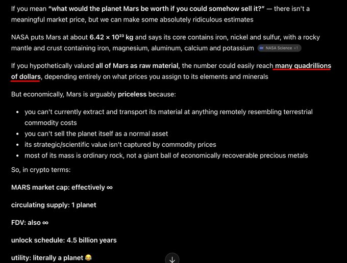 A screenshot explaining Mars' theoretical economic value in crypto terminology, citing NASA data (6.42 × 10²³ kg) with bullet points showing MARS market cap as infinity, circulating supply of 1 planet, FDV also infinity, unlock schedule of 4.5 billion years, and utility as literally a planet.