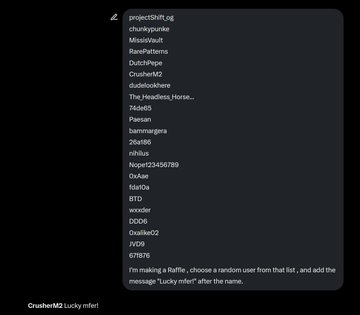 A screenshot of a Discord message lists names from a "projectShiftLog" file, with the user "CrusherM2" sharing a spreadsheet of usernames and explaining that he's making a raffle to choose a random user and add the message "Lucky mfer" after their name.