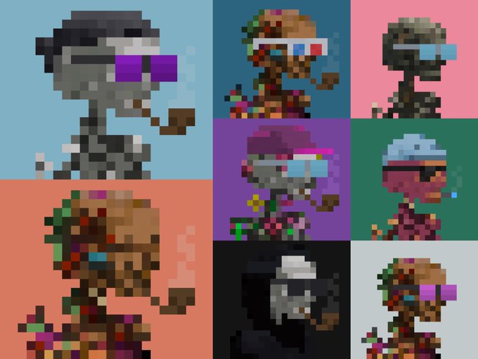 A pixel art grid featuring eight zombie-like characters with oversized heads wearing various colorful sunglasses against differently colored backgrounds.