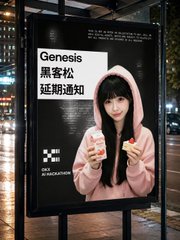 An advertisement billboard displays a young woman in a pink hoodie eating sushi, with text reading 'Genesis', '黑害松' and '延期通知'.