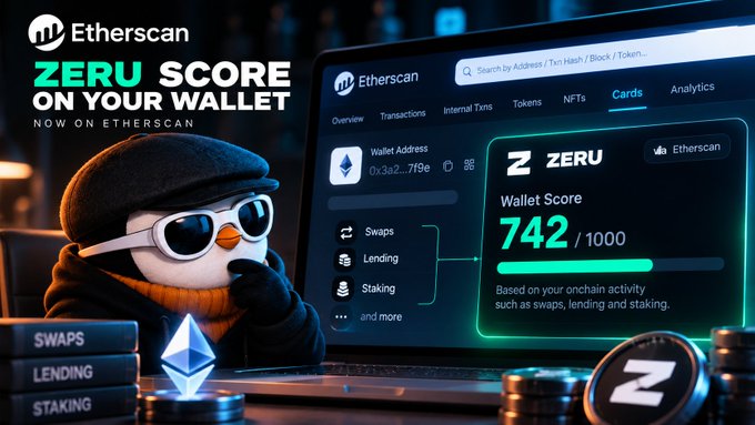 A promotional graphic for Etherscan features a penguin character in sunglasses and a flat cap next to a laptop displaying a 'ZERU Wallet Score' of '742 / 1000' with the headline 'ZERU SCORE ON YOUR WALLET'.